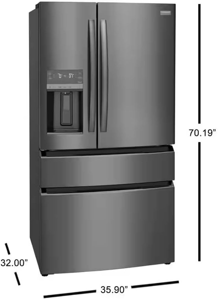 Frigidaire Gallery 21.5 cu ft Counter-Depth 4-Door French Door Refrigerator – 36″ Width, External Ice & Water Dispenser, Convertible Temp Drawer, Smudge-Proof Black Stainless Steel (Model GRMC2273CD)