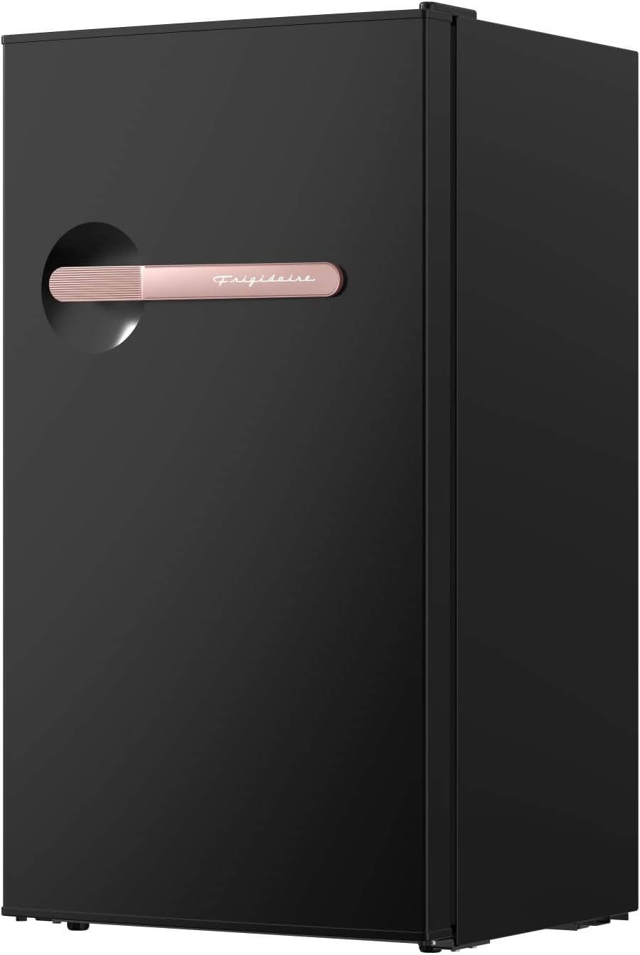 Frigidaire Retro Mini Fridge, 3.1 cu. ft., Energy Saving, Adjustable Thermostat, Dorm/Office/RV/Garage, Black–Rose Gold