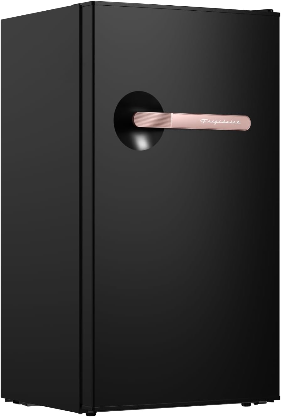 Frigidaire Retro Mini Fridge, 3.1 cu. ft., Energy Saving, Adjustable Thermostat, Dorm/Office/RV/Garage, Black–Rose Gold