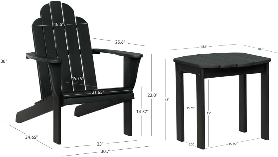 Linon Jayce Black Solid Wood Adirondack Two Piece Chair and Side Table Set