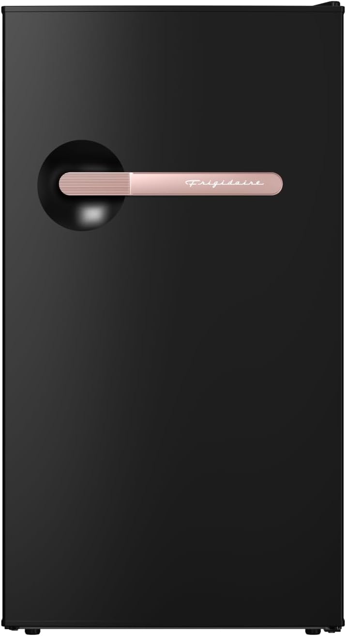 Frigidaire Retro Mini Fridge, 3.1 cu. ft., Energy Saving, Adjustable Thermostat, Dorm/Office/RV/Garage, Black–Rose Gold