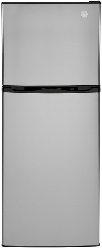 GE GPV10FSNSB 24' Top Freezer Refrigerator with 9.93 cu. ft. Capacity 12V DC Power Only LED Lighting and Adjustable Spillproof Glass Shelves in Stainless Steel and Black