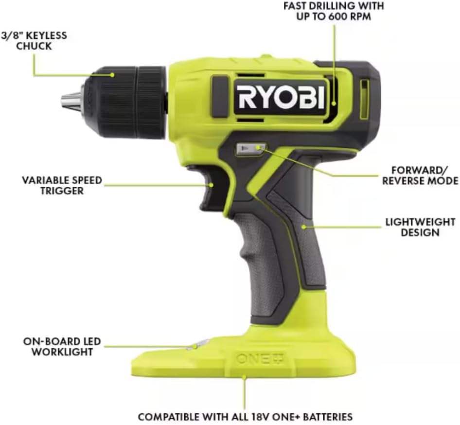 Drill Set Bundle with Ryobi 18V Cordless Drill, 1.5 Ah Lithium-ion Battery, 18-Volt Battery Charger, 40 Piece Multipurpose Drill Bits, and Buho 16 Inch Tool Bag with Outside Pockets