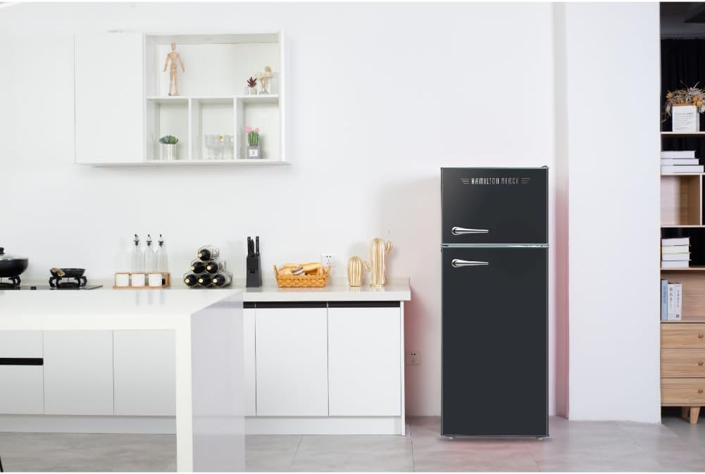 HAMILTON BEACH 2 Door Apartment Size Refrigerator with Freezer, 7.5 cu. ft, Retro Black