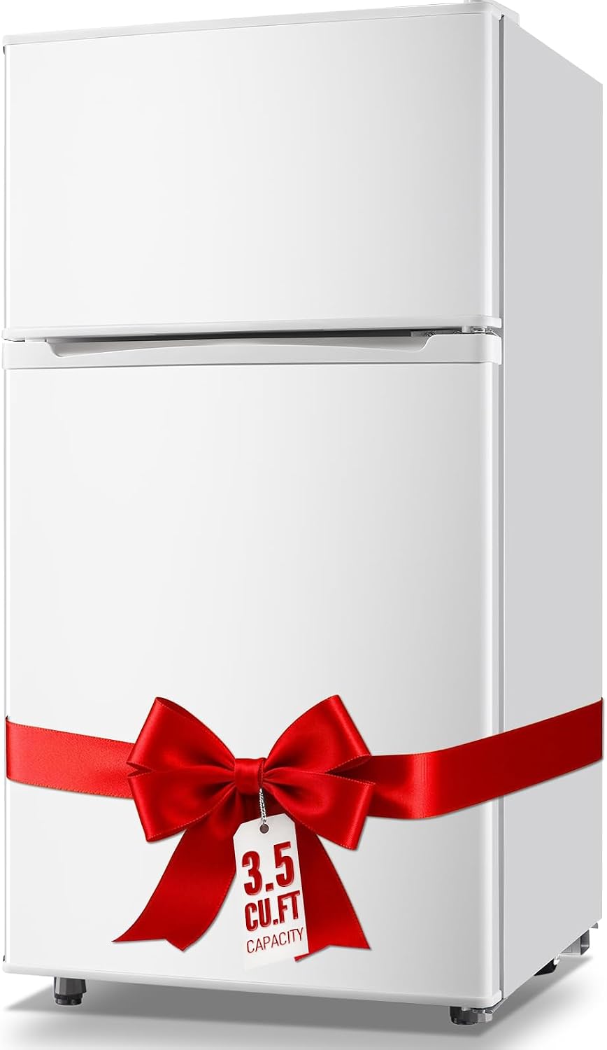 WANAI Mini Fridge with Freezer, 3.5 CU.FT Small Refrigerator with 2 Door & 7 Gear Mechanical Control & Side Bottle Rack, LED Light, Ideal for Dorm, Kitchen, Apartment, Office, White