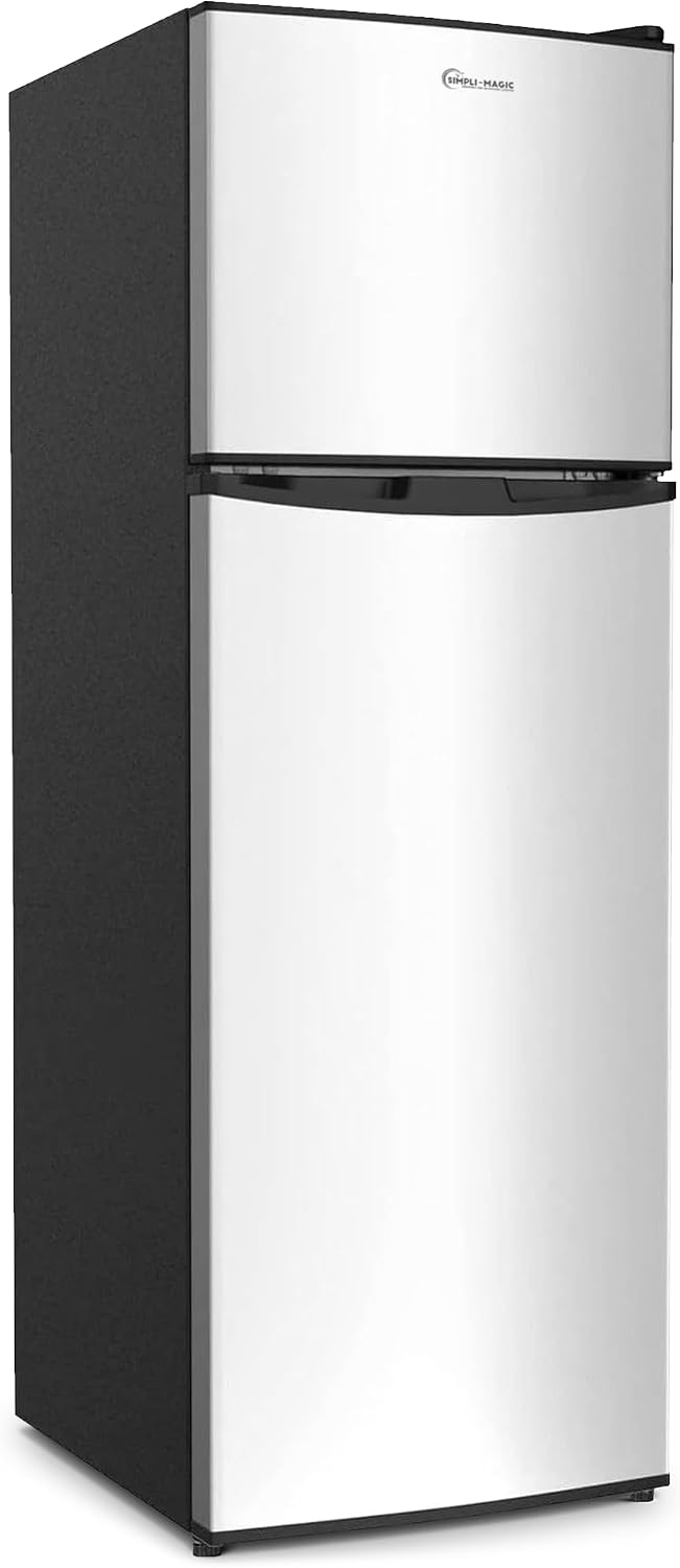 Simpli-Magic 10 Cu.Ft. Fridge with Freezer – Double Door Compact Refrigerator for Office, Dorm, Bedroom, Garage – Adjustable Thermostat, Large Capacity, Stainless Steel Finish