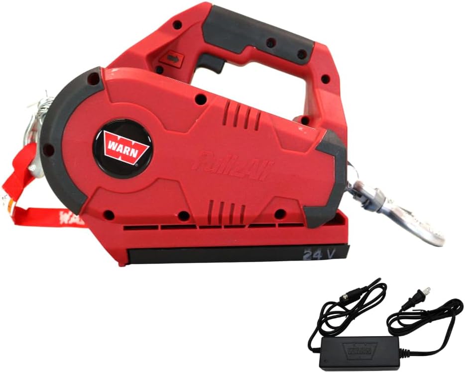 WARN 885030 PullzAll Cordless 24V DC Portable Electric Winch with Steel Cable and 1 Rechargeable Battery Pack: 1/2 Ton (1,000 lb) Lifting/Pulling Capacity, Red