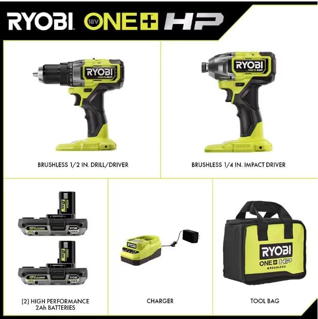 ONEAND HP 18V BRUSHLESS Cordless 2-Tool Combo KIT W/2 2.0 AH Batteries, Charger,