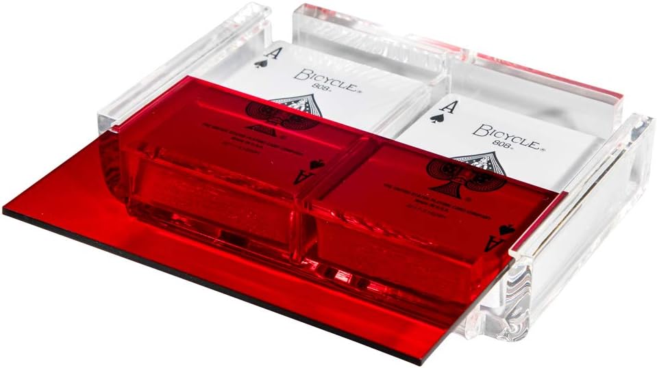 Modern Elegant Playing Card Deck Holder Tray with 2 Decks of Playing Cards in Unique Stylish Deluxe Acrylic Box with Color lid (Red)