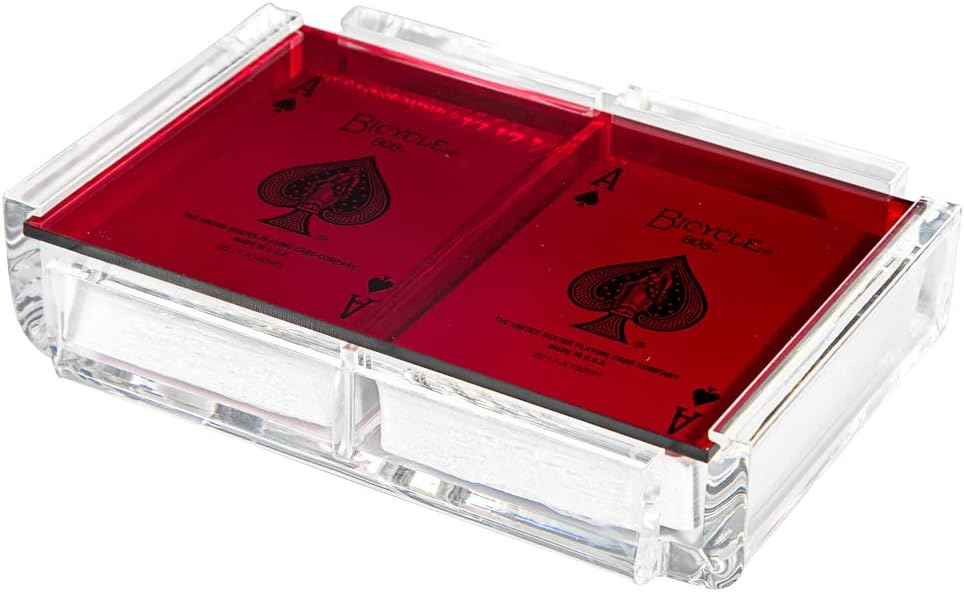 Modern Elegant Playing Card Deck Holder Tray with 2 Decks of Playing Cards in Unique Stylish Deluxe Acrylic Box with Color lid (Red)