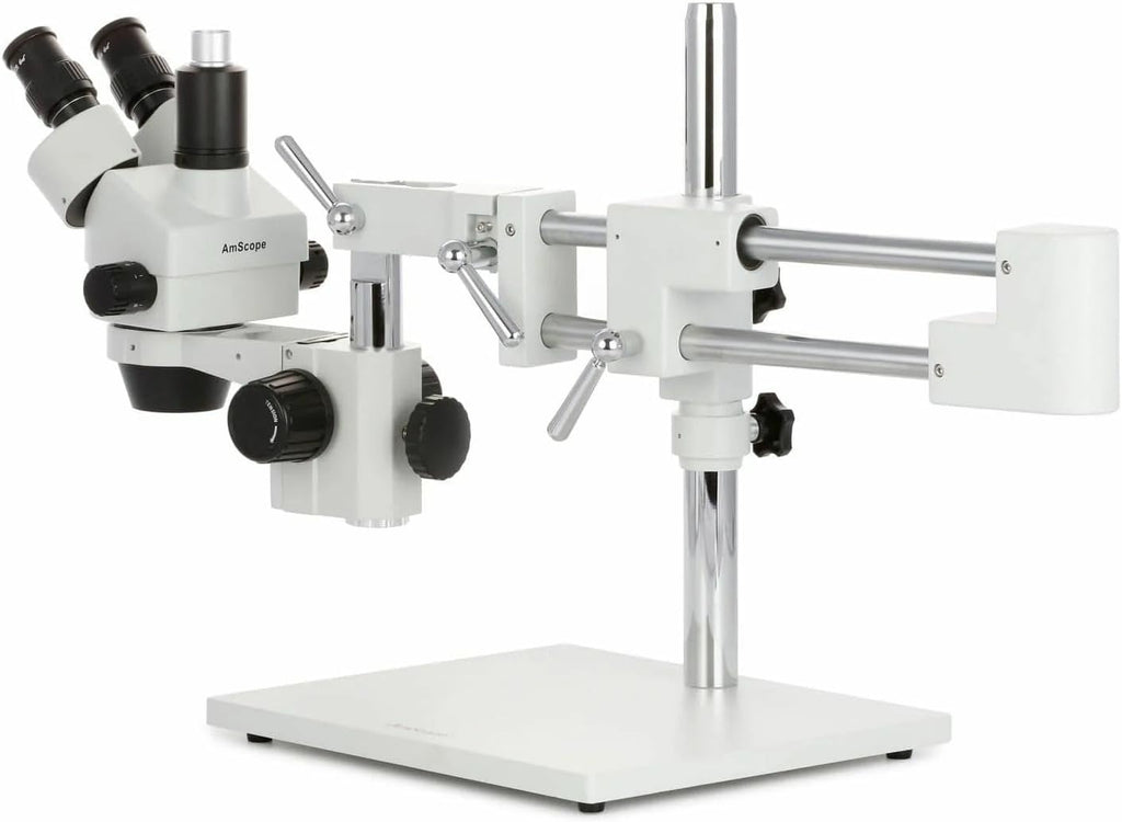 AmScope SM-4TZZ-144A Professional Trinocular Stereo Zoom Microscope, WH10x and WH20x Eyepieces, 3.5X-180X Magnification, 0.7X-4.5X Zoom Objective, Ambient Lighting, Double-Arm Boom Stand, Includes 0.5X and 2.0X Barlow Lens