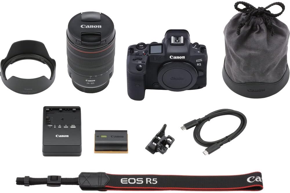 Canon EOS R5 Mirrorless Digital Camera with 24-105mm f/4L Lens (4147C013) + 64GB Memory Card + Case + Corel Photo Software + LPE6 Battery + External Charger + Card Reader + More