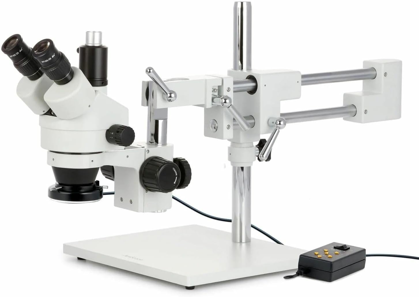 AmScope SM-4TZZ-144A Professional Trinocular Stereo Zoom Microscope, WH10x and WH20x Eyepieces, 3.5X-180X Magnification, 0.7X-4.5X Zoom Objective, Ambient Lighting, Double-Arm Boom Stand, Includes 0.5X and 2.0X Barlow Lens