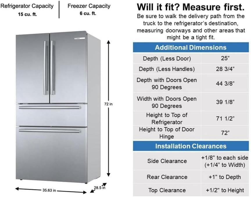 Bosch 800 Series B36CL80SNS 36 Inch Smart Freestanding Counter Depth 4 Door French Door Refrigerator with 20.5 cu. ft. Total Capacity in Stainless Steel (Bar Handle)