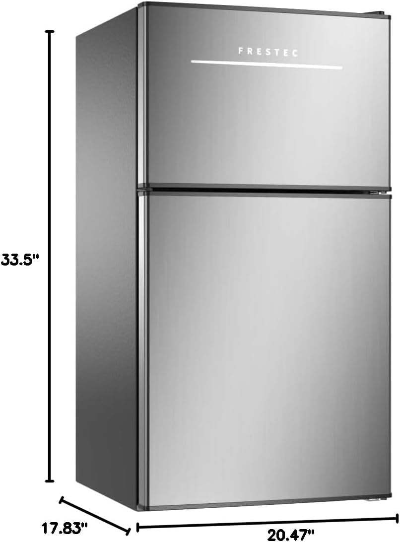 Mini Fridge with Freezer 3.2 Cu.Ft. 2 Door Refrigerator and Freezer Small Fridge for Bedroom Home Office Dorm, Small Drink Chiller, 37 dB Low Noise, Stainless Steel