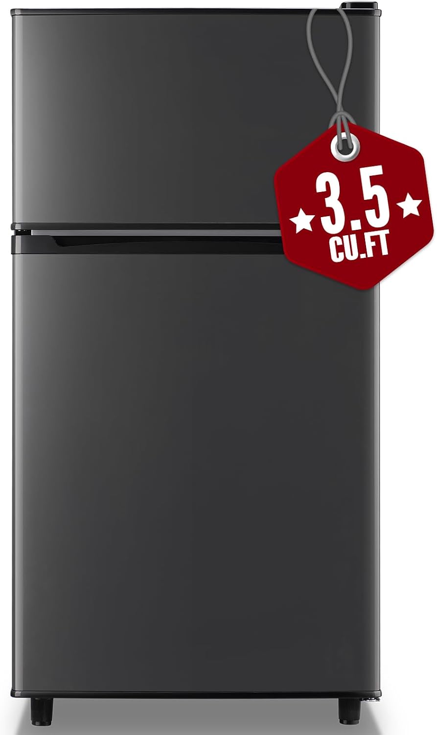 WANAI Mini Fridge with Freezer, 3.5 cubic feet 2- Doors Small Refrigerator Features 7 Gear Mechanical Control, Side Bottle Rack, LED Light, 2 Glass Removable Shelves, Crisper Drawer, Dark Grey