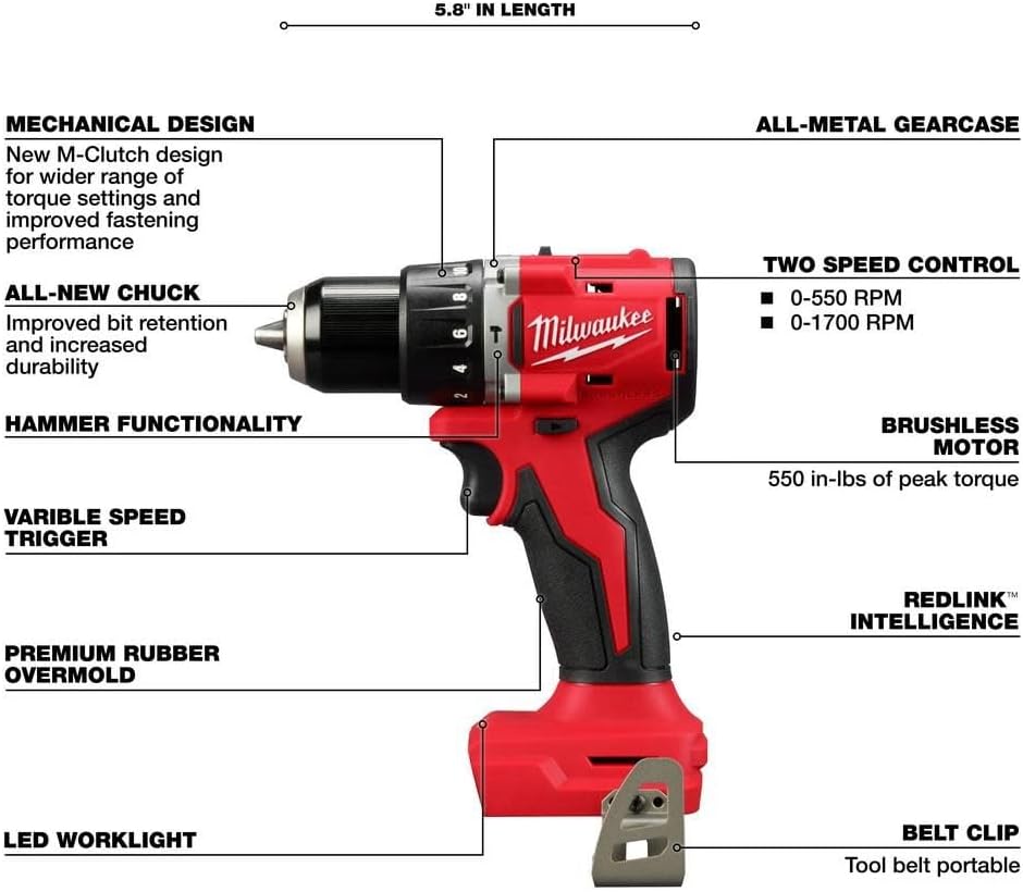 Milwaukee M18 Compact 1/2 in Hammer Drill/Driver (Bare Tool)(Renewed) 3602-20