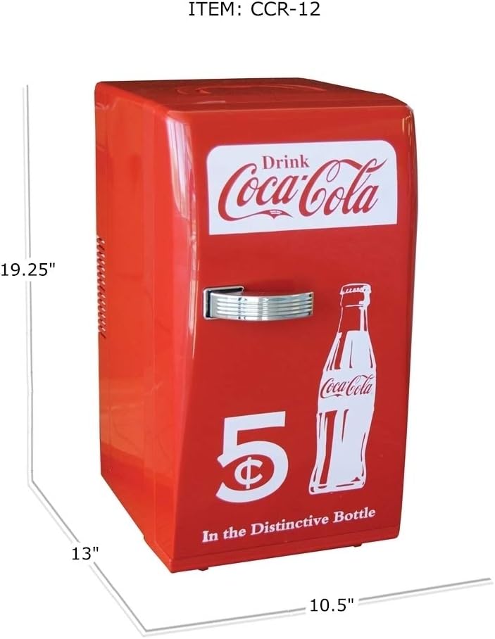 Coca Cola Mini Fridge - 18 Can Refrigerator for Bedroom Office, Portable Table Top Beverage Cooler, 12V 110V Refrigerador For Drink, Soda, Wine, Use In Car, Dorm, Outdoor, Patio
