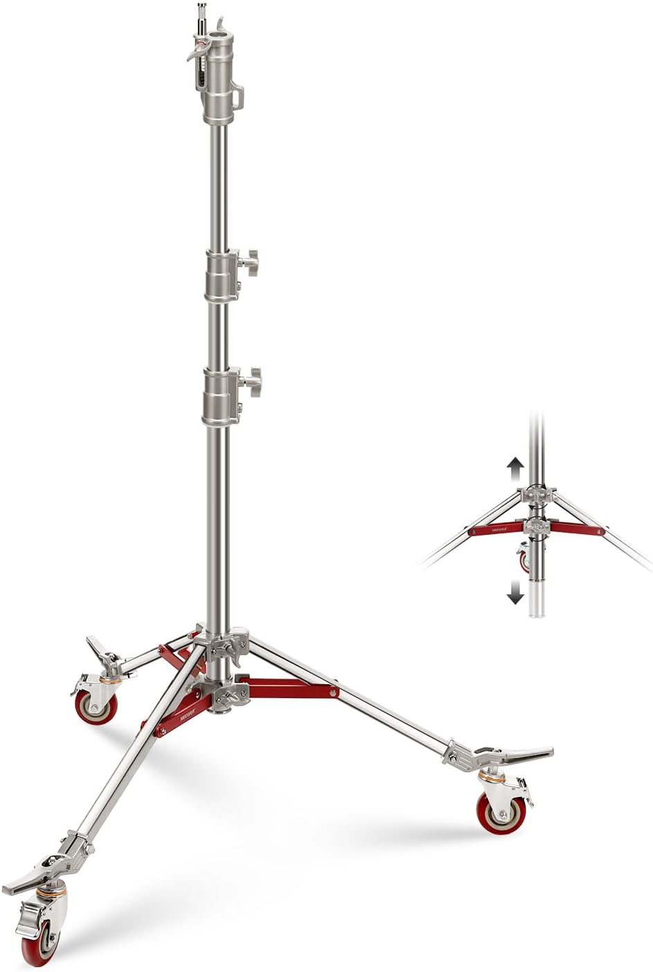 NEEWER Heavy Duty Stainless Steel Light Stand with Casters, 1-1/8' Junior Receiver, Spring Loaded 5/8' Baby Stud, Max Load 77lb, 7.9ft/240cm Junior Wheeled Stand for Studio Softbox Reflector, ST240SS
