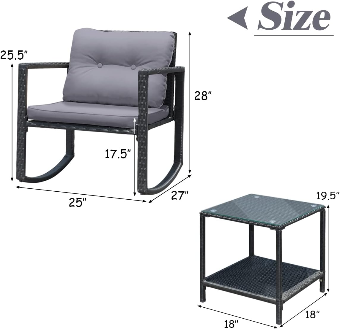 Tangkula 3 Pieces Patio Wicker Rocking Bistro Set, Outdoor Rocking Chair Furniture Set w/Cushioned Seat, Conversation Set w/Glass Coffee Table and Storage Shelf (Gray)