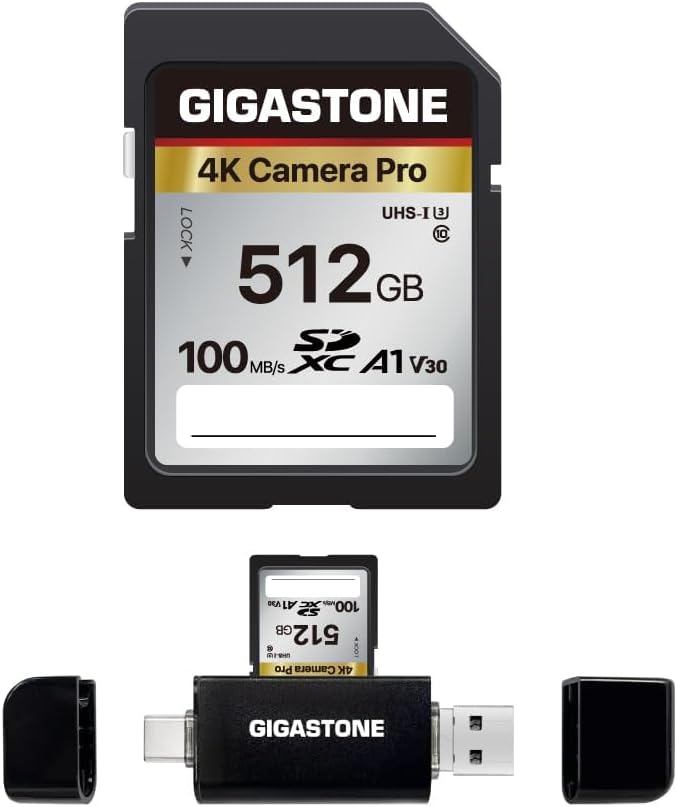 【5-Years Data Recovery】 GIGASTONE 512GB SD Card with USB Type C Card Reader, 4K Camera Pro, A1 V30 U3 SDXC Memory Card Compatible with Canon Digital Camera, with 1 Mini case