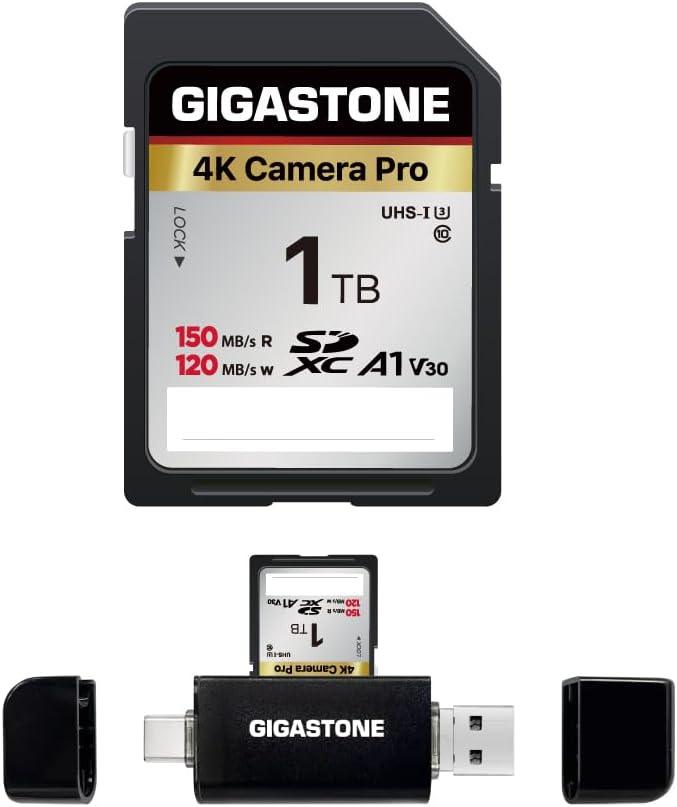 【5-Years Data Recovery】 GIGASTONE 1TB SD Card with USB Type C Card Reader, 4K Camera Pro, A1 V30 U3 SDXC Memory Card Compatible with Canon Digital Camera, with 1 mini case