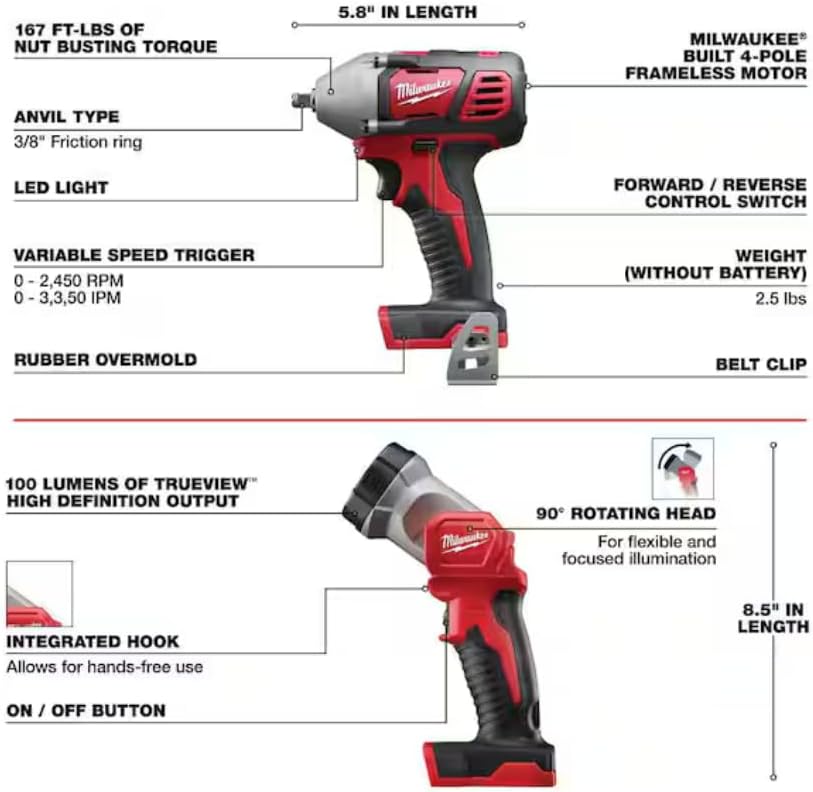 Milwaukee M18 18V Cordless Power Tool Combo Kit, 8-Tool Set, 3 Batteries, 2 Tool Bags, Charger Included