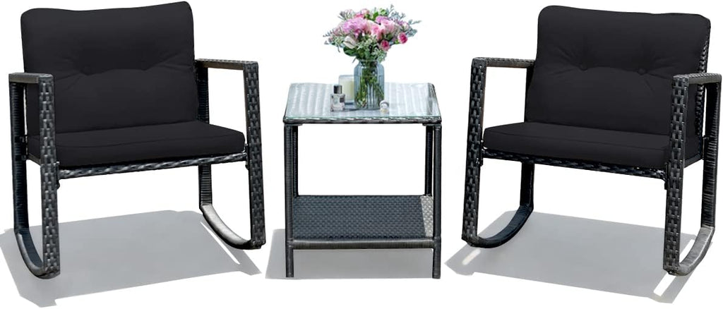 Tangkula 3 Pieces Patio Wicker Rocking Bistro Set, Outdoor Rocking Chair Furniture Set w/Cushioned Seat, Conversation Set w/Glass Coffee Table and Storage Shelf (Black)