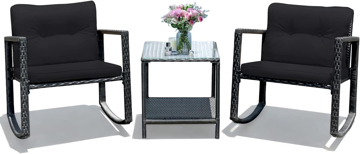 Tangkula 3 Pieces Patio Wicker Rocking Bistro Set, Outdoor Rocking Chair Furniture Set w/Cushioned Seat, Conversation Set w/Glass Coffee Table and Storage Shelf (Black)