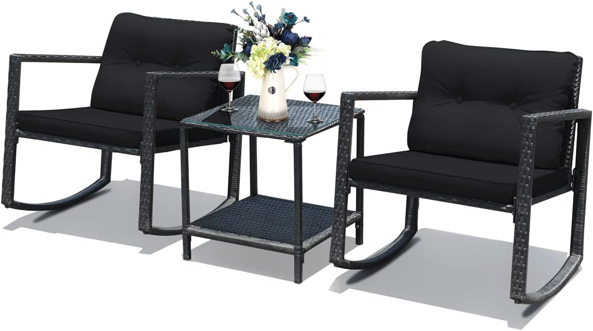 Tangkula 3 Pieces Patio Wicker Rocking Bistro Set, Outdoor Rocking Chair Furniture Set w/Cushioned Seat, Conversation Set w/Glass Coffee Table and Storage Shelf (Black)