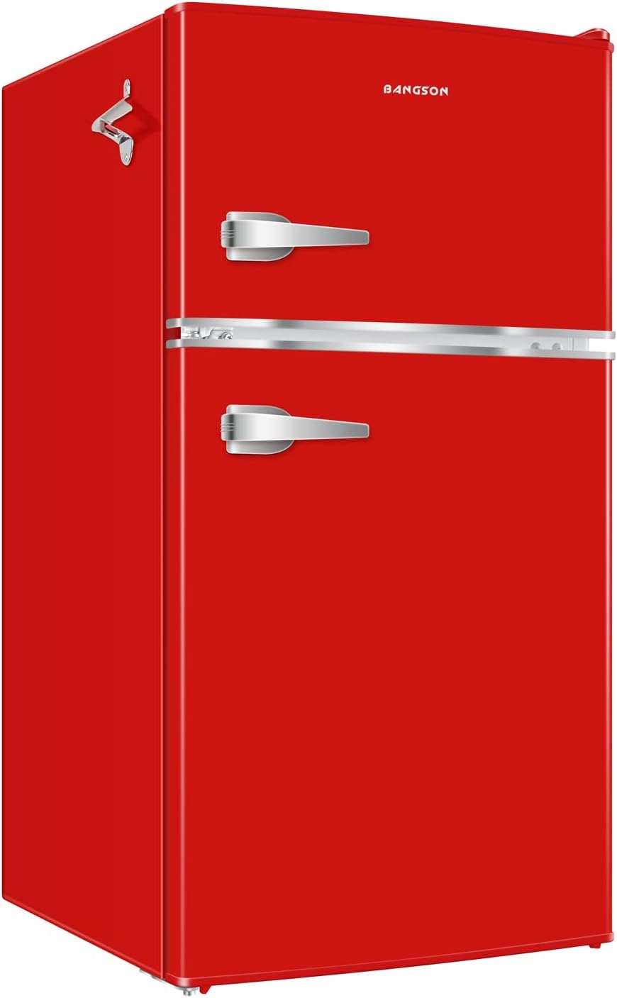 BANGSON 3.2 CU.FT Mini Fridge with Freezer Bedroom, 2 Door Office Small Refrigerator, Door Handle, Bottle Opener, Quiet Compact Fridge For Dorm, Office, Home, Garage or RV, R-600a, Red