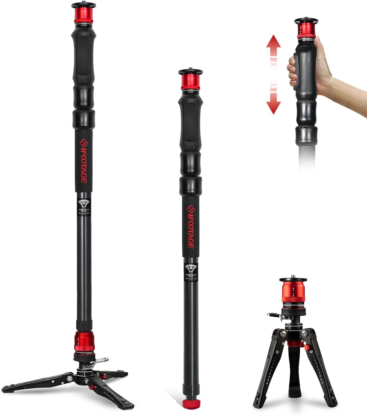IFOOTAGE Monopod Cobra 3 Strike A150S, 59' Monopod for Camera Aluminum Travel Monopod with Feet, 1/4'' & 3/8'' Quick Release Compatible with Sony Canon Nikon DSLR Camera, Payload 11Lb