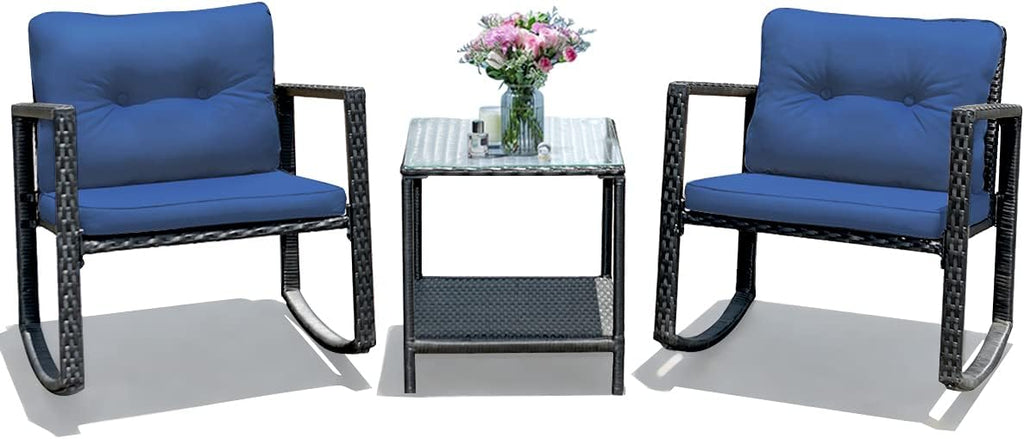 Tangkula 3 Pieces Patio Wicker Rocking Bistro Set, Outdoor Rocking Chair Furniture with Cushioned Seat, Conversation Set with Glass Coffee Table and Storage Shelf (Navy Blue)