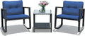 Tangkula 3 Pieces Patio Wicker Rocking Bistro Set, Outdoor Rocking Chair Furniture with Cushioned Seat, Conversation Set with Glass Coffee Table and Storage Shelf (Navy Blue)