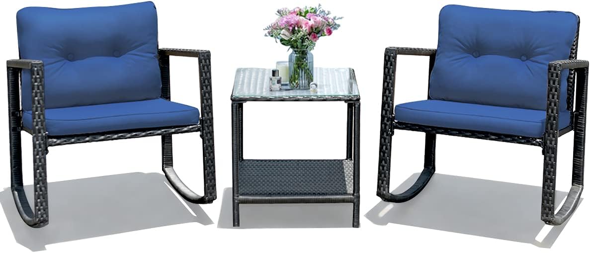 Tangkula 3 Pieces Patio Wicker Rocking Bistro Set, Outdoor Rocking Chair Furniture with Cushioned Seat, Conversation Set with Glass Coffee Table and Storage Shelf (Navy Blue)