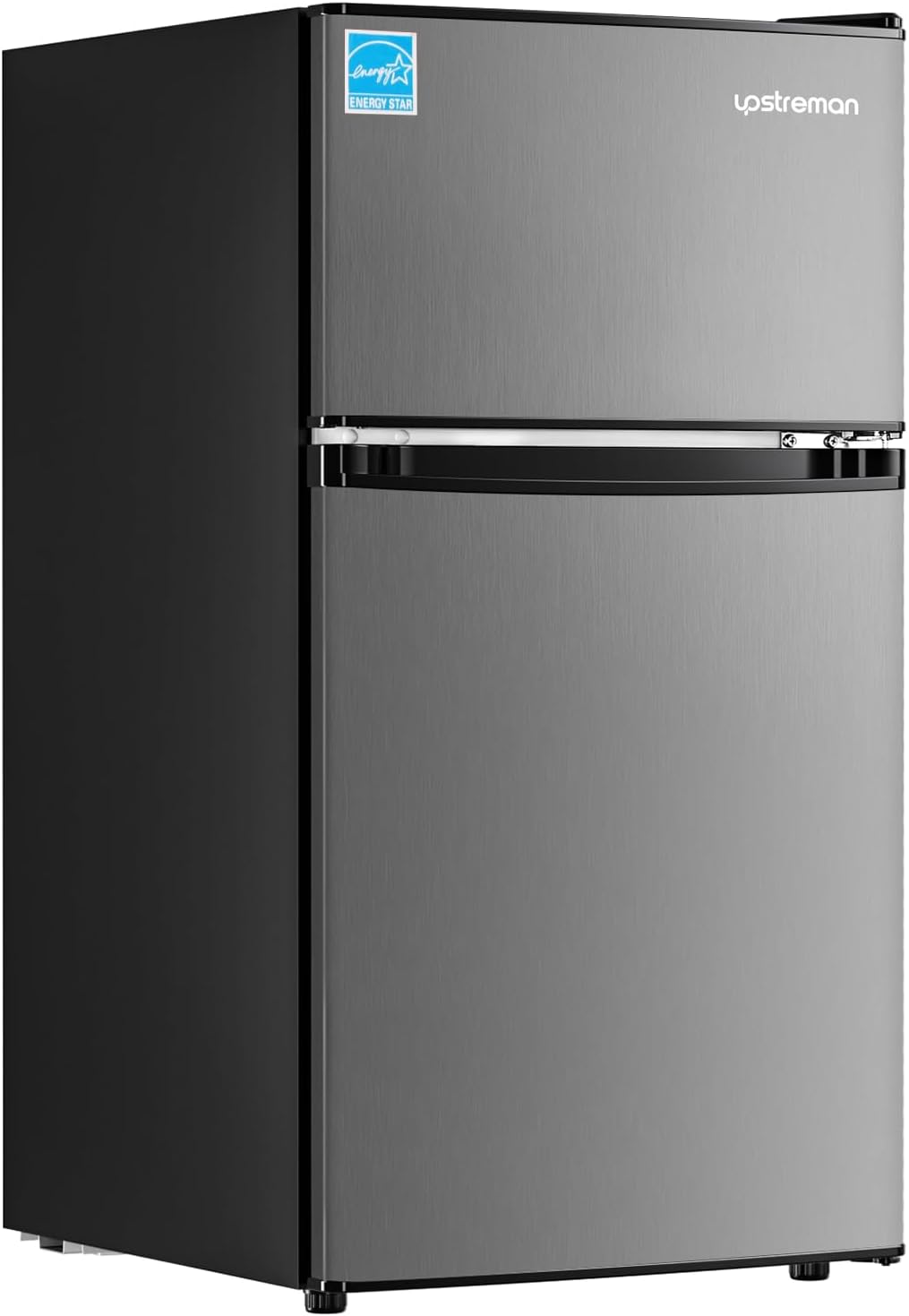 Upstreman 3.1 Cu.Ft Mini Fridge with Freezer, Double Door Small Fridge, Dorm Essentials, Adjustable Thermostat, Energy Saving, Mini Refrigerator for Office, Dorm,Bedroom, Stainless