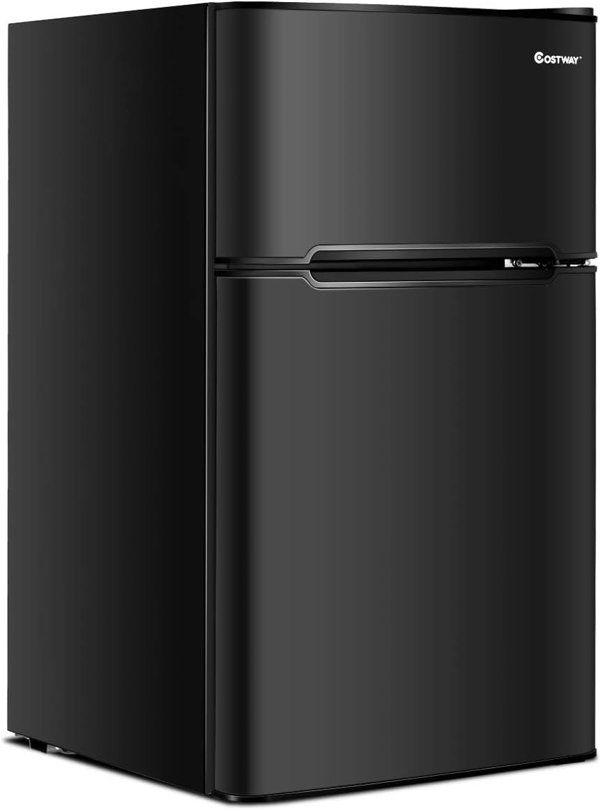 COSTWAY Mini Fridge with Freezer, 3.2 Cu.ft. 2-Door Mini Freezer Cooler Fridge w/Reversible Door, Removable Glass Shelves, Mechanical Control, Small Refrigerator for Bedroom, Dorm, Office (Black)