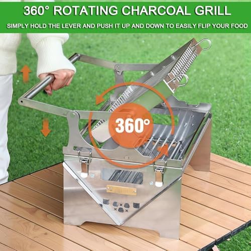 360 degree Rotating Charcoal Grill, Stainless Steel Flipping Barbecue Grills, Portable Camping Charcoal BBQ Grill for Outdoor Picnic Yard Party