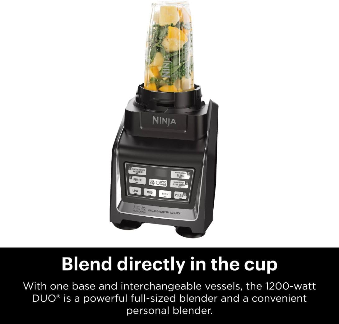 Ninja BL642 Nutri Ninja Personal & Countertop Blender with 1200W Auto-iQ Base, 72 oz. Pitcher, and 18, 24, & 32 oz. To-Go Cups with Spout Lids, For Smoothies, Shakes & More, Dishwasher Safe, Black