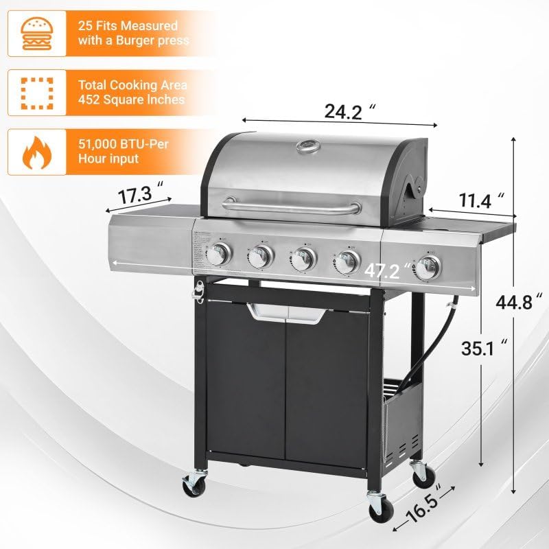 Endark Upgraded 51,000 BTU Gas Grill, 4 Burner BBQ Grill with Side Burner, Camping, Outdoor Cooking, Gatherings