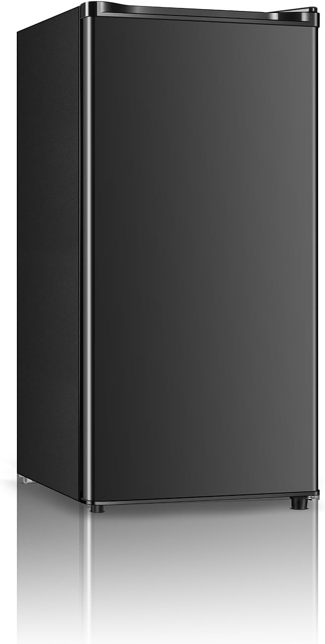 Seaoola Mini Fridge with Freezer, Single Door 3.1 Cu.Ft, Compact Mini Refrigerator, LED Light, Adjustable Thermostat, Removable Glass Shelves, Small Refrigerator for Dorm/Office/Bedroom(Black) (Black)