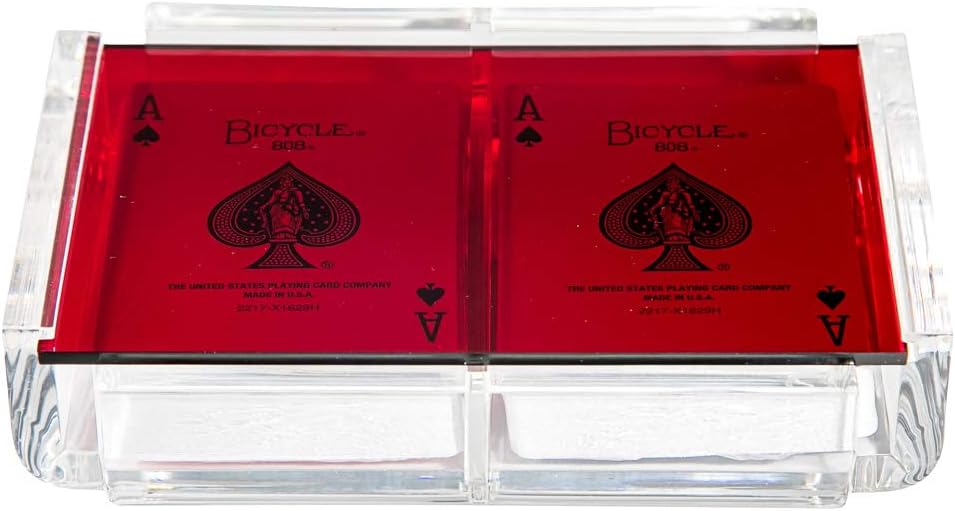 Modern Elegant Playing Card Deck Holder Tray with 2 Decks of Playing Cards in Unique Stylish Deluxe Acrylic Box with Color lid (Red)