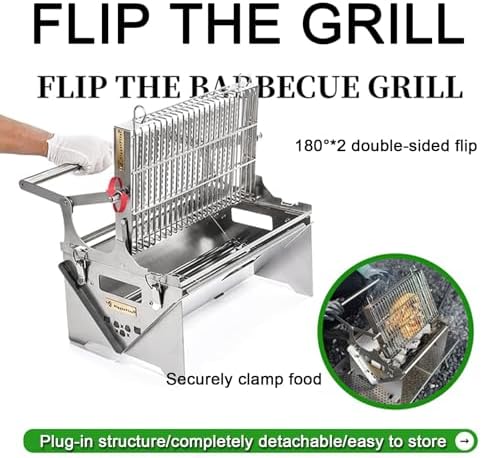 360 degree Rotating Charcoal Grill, Stainless Steel Flipping Barbecue Grills, Portable Camping Charcoal BBQ Grill for Outdoor Picnic Yard Party