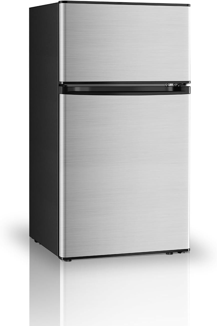Saeoola Mini Fridge with Freezer, 3.2 Cu.Ft, 2 Doors Compact Mini Refrigerator with Separate Freezer for Dorm, Bedroom, Office, Apartment with 7-Level Temperature Control, Removable Shelves (Sliver)