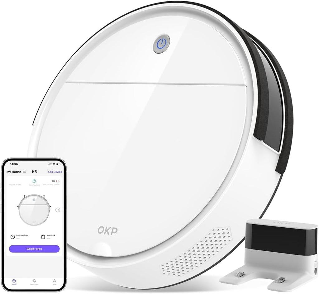 OKP Life Robot Vacuum Cleaner with 2500Pa Strong Suction, 120mins Runtime, Self-Charging, Compatible with Alexa/WiFi/App, 500ML Dustbin, Ideal for Pet Hair, Hard Floors, Low Pile Carpet