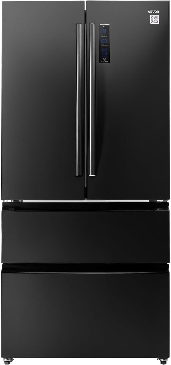 VEVOR French Door Refrigerator, 18.9 Cu. Ft. Kitchen Fridge, Counter Depth French Refrigerator with LED Display and 4 Casters, Frost-Free Bottom Freezer Refrigerators for Home & Commercial Use, Black