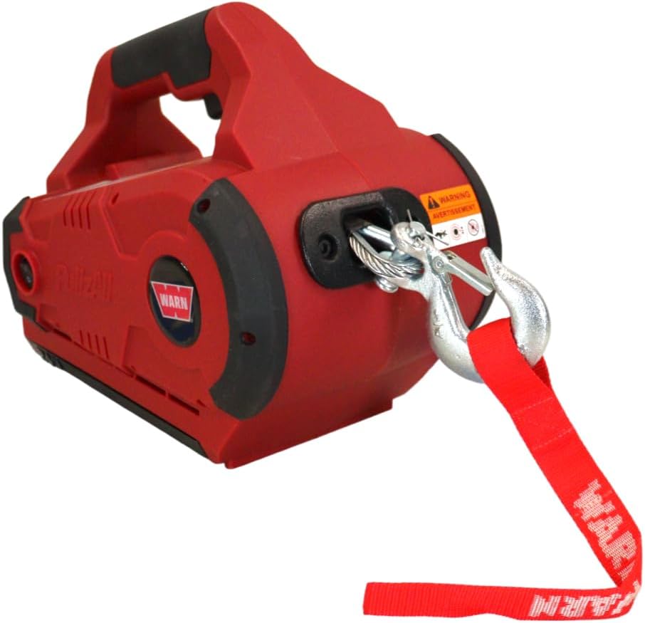 WARN 885030 PullzAll Cordless 24V DC Portable Electric Winch with Steel Cable and 1 Rechargeable Battery Pack: 1/2 Ton (1,000 lb) Lifting/Pulling Capacity, Red