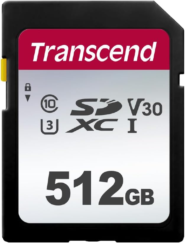 Transcend SDC300S 512GB SDXC SD Card, UHS-I U3 V30, 4K UHD & Full HD for DSLR Cameras/Digital Cameras/Trail Cameras/Camcorder, Up to 100MB/s, Class 10 High-Speed Memory Card