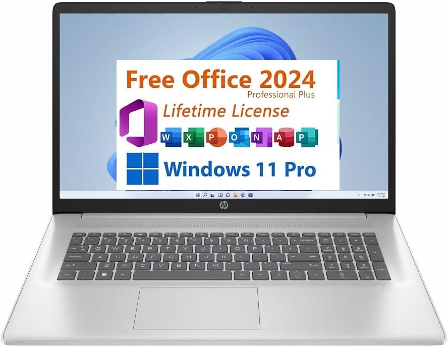 HP 17.3' FHD Display, Free Microsoft Office 2024 Lifetime License, Copilot AI Chat,16GB RAM, 512GB SSD, AMD Ryzen 5 Processor, Webcam, Numeric Keypad, Long Battery Life, Windows 11 Pro,Silver