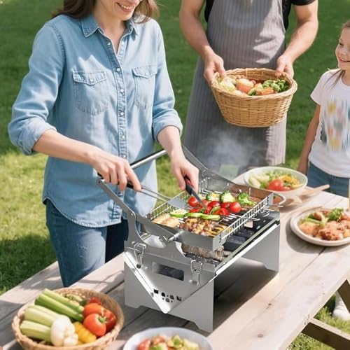 360 degree Rotating Charcoal Grill, Stainless Steel Flipping Barbecue Grills, Portable Camping Charcoal BBQ Grill for Outdoor Picnic Yard Party